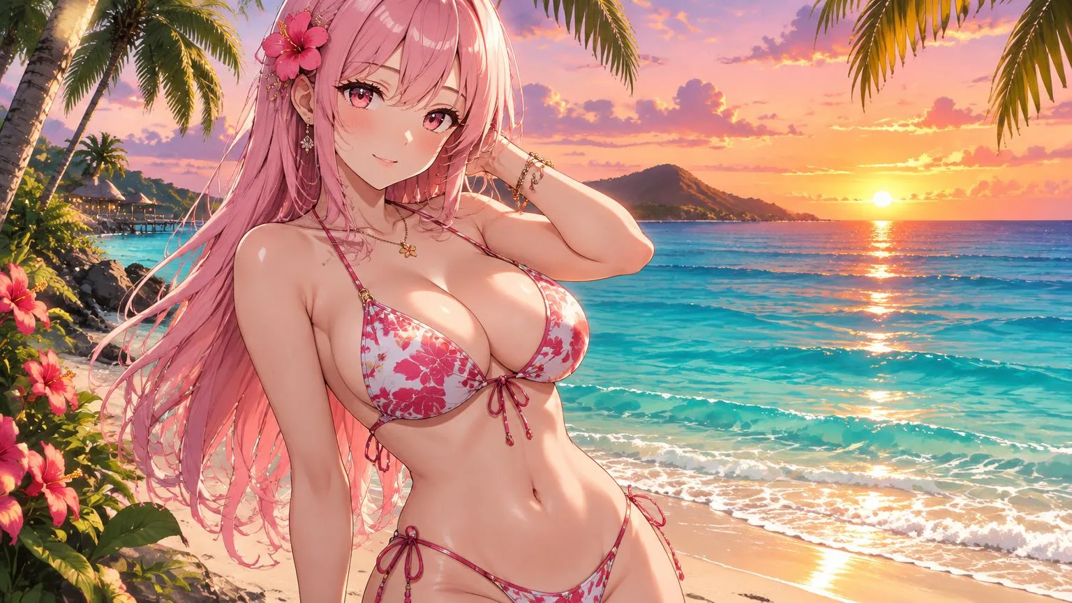 Anime companion on a tropical beach at sunset – Character AI Chat